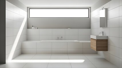 Modern white bathroom interior with clean tiles, sink, mirror, shower, and contemporary design in a bright luxury home