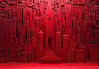 A futuristic 3D render of a red-lit corridor or tunnel with a bright light at the end, creating a sense of depth and mystery, reminiscent of a sci-fi or cyberpunk setting

