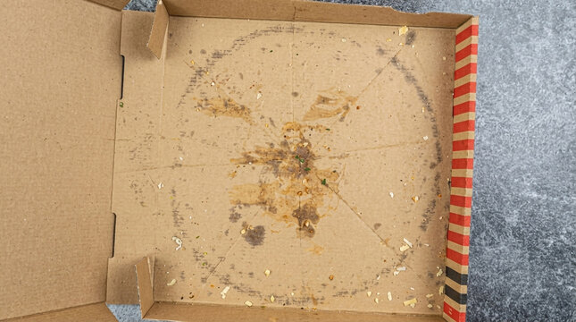 Empty, dirty pizza box with grease stains and crumbs on a textured surface greasy stained