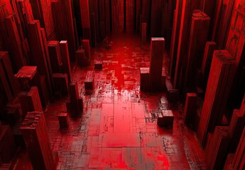 A futuristic 3D render of a red-lit corridor or tunnel with reflective, wet floors and geometric walls, creating an intense and mysterious ambiance

