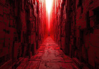 A futuristic 3D render of a glowing red tunnel or corridor with geometric patterns, creating a deep and mysterious atmosphere, reminiscent of a digital or cyberpunk world

