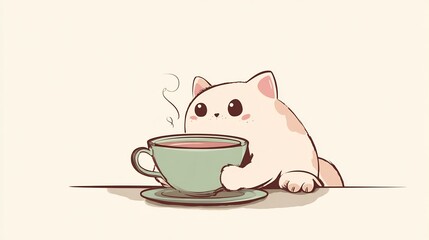 Cute Cat Holding Green Tea Cup on Saucer