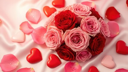 Beautiful bouquet of red and pink roses with heart shaped decorations