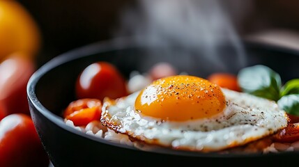 A delicious breakfast featuring a fried egg atop rice and cherry tomatoes.