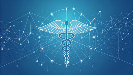 Caduceus Medical Symbol with Digital Network Connection on Blue Background