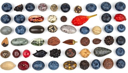 Assortment of Diverse Seeds and Berries on White Background.