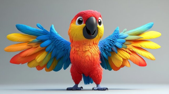 Playful 3D cartoon parrot with rainbow feathers, spreading its wings in flight