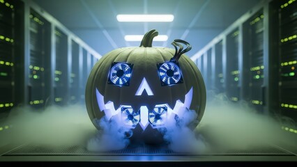 Glowing jack-o-lantern with computer fans in a spooky server room