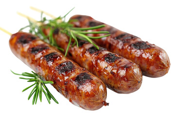 Grilled Sausages on Skewers Close Up BBQ Meat with Herbs Traditional Tasty Cuisine Barbecue on transparent background