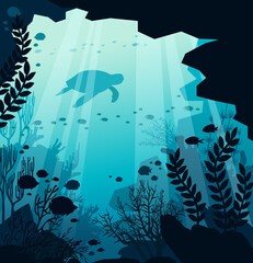 Underwater marine life. Vector illustration with coral reef, underwater cave, fishes and silhouette of turtle. Seascape image.