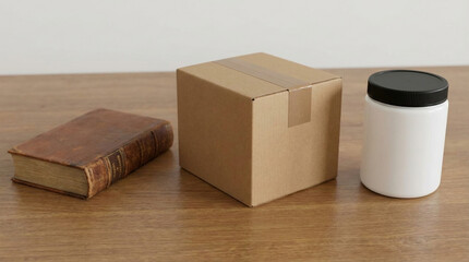Old Leather Bound Book, Cardboard Box, and White Jar with Black Lid on a Wooden Surface Keywords: book, old book, leather bound, antique, cardboard box, shipping box