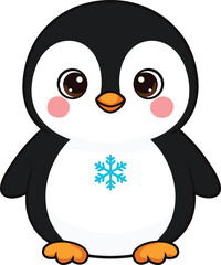 Obraz premium Cute cartoon penguin, winter animal illustration, snowflake belly, adorable character, children’s art, seasonal mascot, vector clipart, holiday design, educational graphic, playful bird