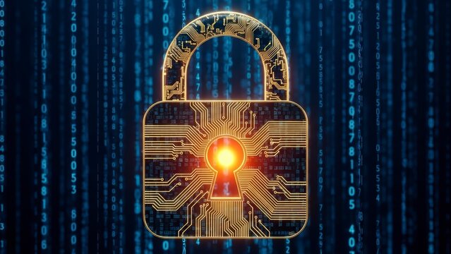 Golden circuit board lock with glowing keyhole on digital background - Powered by Adobe