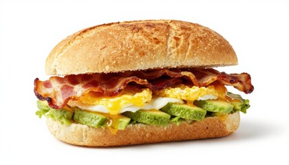 Delicious breakfast sandwich with egg bacon and avocado in a modern diner setting perfect for food lovers and culinary enthusiasts