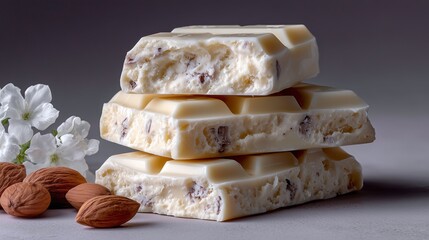 Delicious white chocolate bars with almonds and flowers on a gray surface