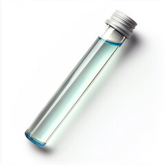 Transparent test tube filled with pale blue liquid lying on white surface, showing clean modern lab concept