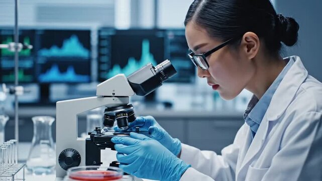Scientist examining sample under microscope in lab