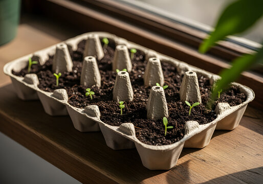 Egg cartons reused as seed tray on wooden table showing sustainable method for growing plants from seeds