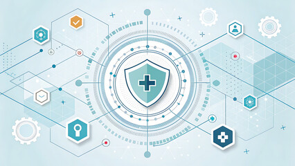 Abstract Healthcare Technology Shield with Medical Icons and Data Network