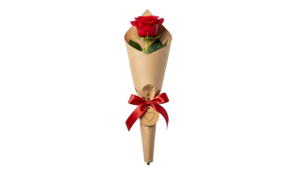 A single red rose is wrapped in brown paper and tied with a red ribbon.