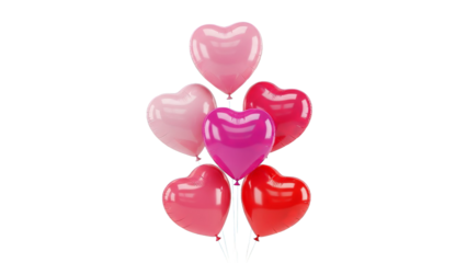 A cluster of heart shaped balloons in shades of pink and red floats against a white backdrop.