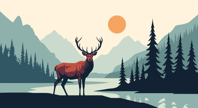 Artistic illustration of a deer standing in a majestic mountain landscape with a flowing river and sunset sky.