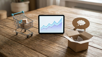 Tablet displaying a growth chart next to a miniature shopping cart and an open box on a wooden table
