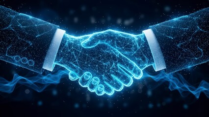 Business partnership handshake with glowing blue digital network connections