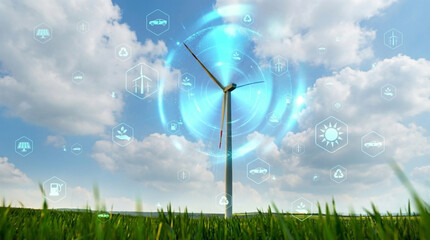 Wind Turbine with Glowing Blue Digital Network Overlay and Eco Icons in a Field renewable energy