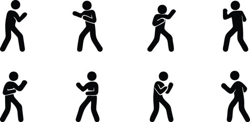 Stickman fighting posture set, Martial arts combat silhouettes, Action battle human icons