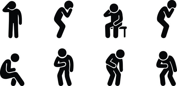 Sick stickman posture set, Illness health problem silhouettes, Unwell human condition icons