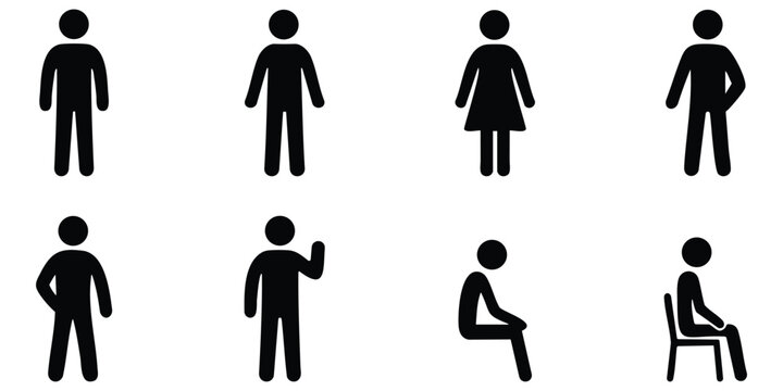 Stickman casual pose set, Relaxed human standing silhouettes, Everyday posture stickman icons