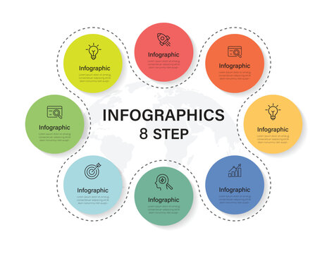 Vector business 8 step process chart infographics with step circles. Can be used for presentation slide. Modern vector info graphic layout design.