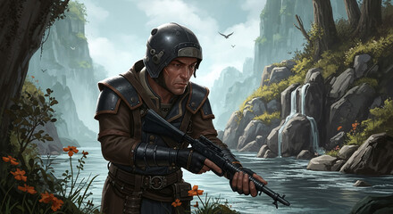 Illustration of a man with a helmet holding a rifle by a river, with waterfall backdrop. Represents survival, protection, and defense concept