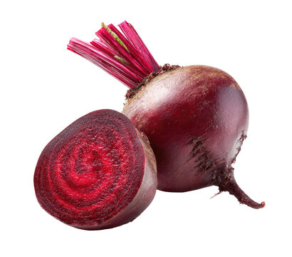 Close-up of a whole and halved fresh beetroot.  The vibrant red root vegetable is presented in a studio shot against a black background.  Visible are its deep crimson flesh and the fibrous root top