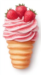 A delicious ice cream cone topped with strawberry-flavored swirl and fresh strawberries.