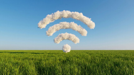 Wi Fi Symbol Formed by Fluffy White Clouds Hovering Over a Green Grassy Field WiFi symbol wifi