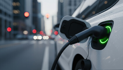 Electric car charging cable plugged into vehicle with green light indicator