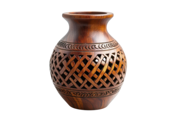 Carved wooden vase craftsmanship and artistic details with decorative design vase art object on transparent background
