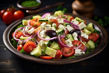 Greek salad presenting fresh ingredients, healthy diet, and mediterranean cuisine