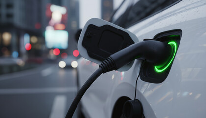 Electric car charging cable plugged into vehicle with green light indicator