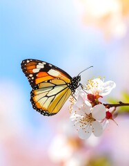 Monarch Butterfly on Blossoms Against a Blue Sky.