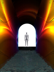 silhouette of a man standing in a tunnel