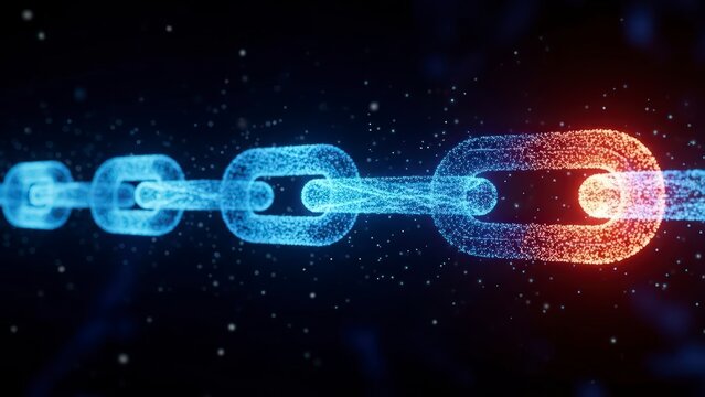 Blockchain technology concept with glowing blue and red chain links - Powered by Adobe
