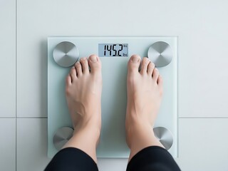 Top-down perspective of bare feet on a modern digital scale displaying 145.2 kg, representing weight loss and health journey, minimalist artistic style, indoor bathroom setting.