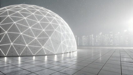 Futuristic Geometric Dome Structure with Glowing Lines and City Skyline Background