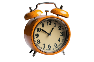 Retro Orange Alarm Clock Still Life on Black Classic Timepiece Nostalgic Design Vintage Style on transparent background