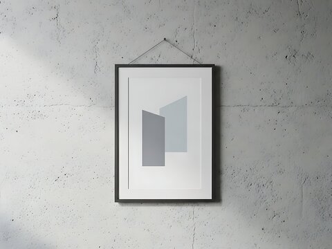 Minimalist abstract geometric artwork in a black frame hangs on a textured concrete wall, casting soft shadows, ideal for modern decor.
