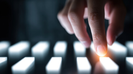 Hand finger choice selection glowing button technology decision human finger touches glowing button among dark blurred choices, concept