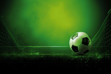 Naklejka premium Soccer ball near a goal net with green glowing dust on a dark background